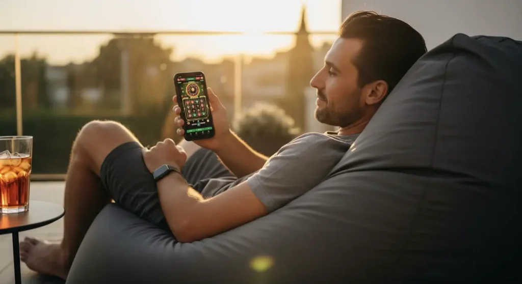 Mies pelaamassa puhelimessa